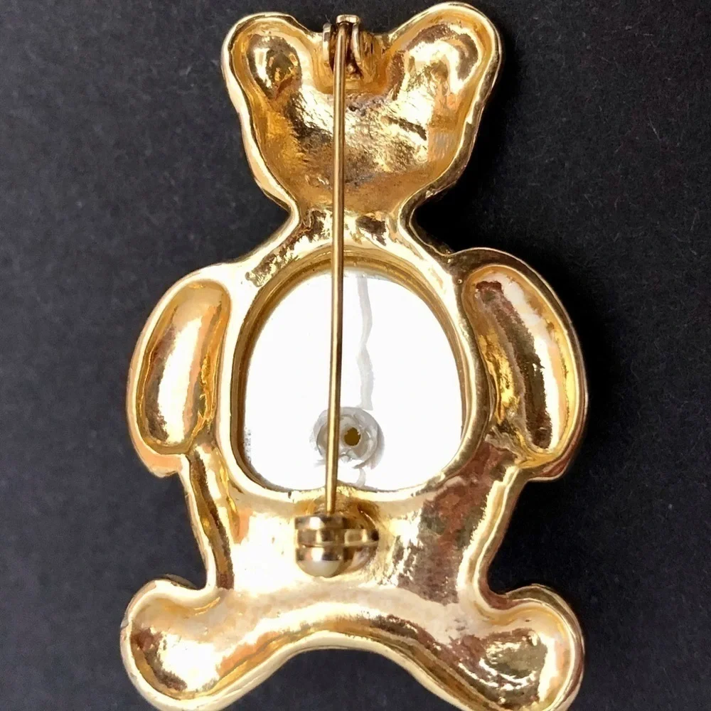 𝅺TEDDY bear pearl belly goldtone Brooch rhinestone
